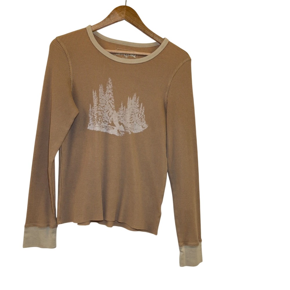 American Eagle Outfitters Tan Waffle Knit Long Sleeve Top Trees Graphic Size L